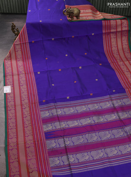 Kanchipuram silk cotton saree blue and green with thread woven buttas and long thread woven border