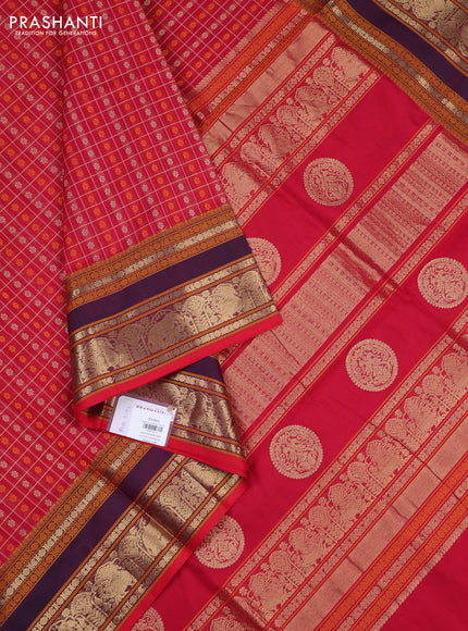Kanchipuram silk cotton saree pink and wine shade with allover thread checks & buttas and rettapet zari woven border