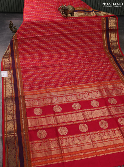 Kanchipuram silk cotton saree pink and wine shade with allover thread checks & buttas and rettapet zari woven border