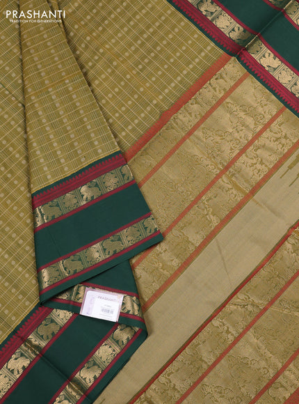 Kanchipuram silk cotton saree mehendi green and bottle green with allover thread checks & 1000 buttas and rettapet zari woven border