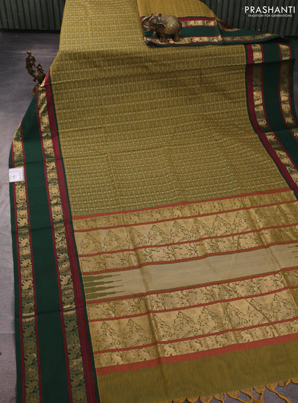 Kanchipuram silk cotton saree mehendi green and bottle green with allover thread checks & 1000 buttas and rettapet zari woven border