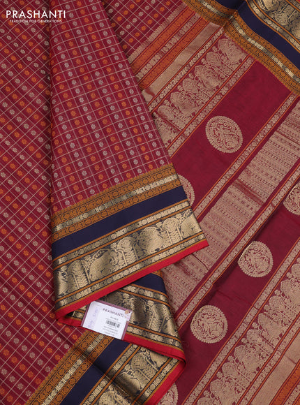 Kanchipuram silk cotton saree red shade with allover thread checks & 1000 buttas and rettapet zari woven border