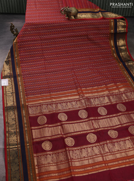 Kanchipuram silk cotton saree red shade with allover thread checks & 1000 buttas and rettapet zari woven border