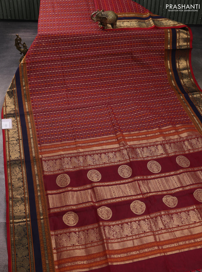 Kanchipuram silk cotton saree red shade with allover thread checks & 1000 buttas and rettapet zari woven border
