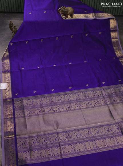 Kanchipuram silk cotton saree violet with zari woven buttas and temple design zari woven border