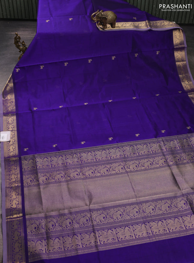 Kanchipuram silk cotton saree violet with zari woven buttas and temple design zari woven border