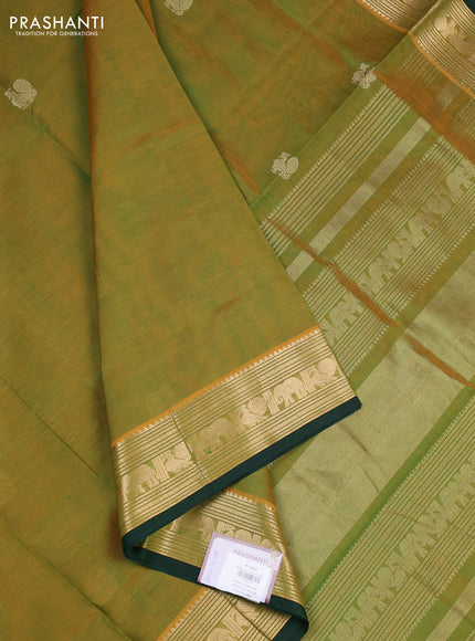 Kanchipuram silk cotton saree dual shade of greenish orange and green with zari woven buttas and zari woven border