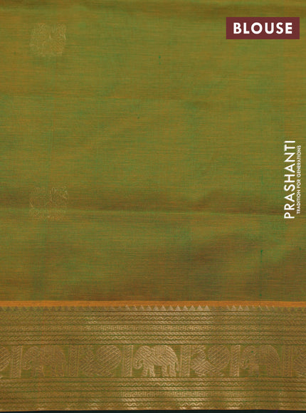Kanchipuram silk cotton saree dual shade of greenish orange and green with zari woven buttas and zari woven border
