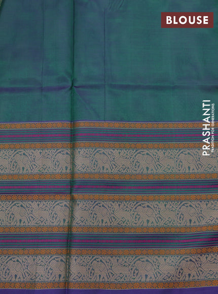 Kanchipuram silk cotton saree green and purple with thread woven buttas and long thread woven border