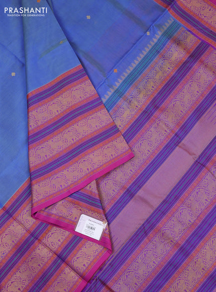 Kanchipuram silk cotton saree light blue and pink with thread woven buttas and long thread woven border