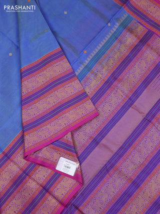 Kanchipuram silk cotton saree light blue and pink with thread woven buttas and long thread woven border