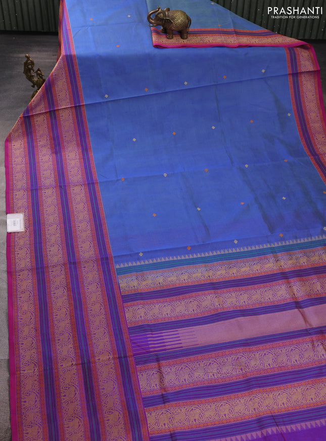 Kanchipuram silk cotton saree light blue and pink with thread woven buttas and long thread woven border