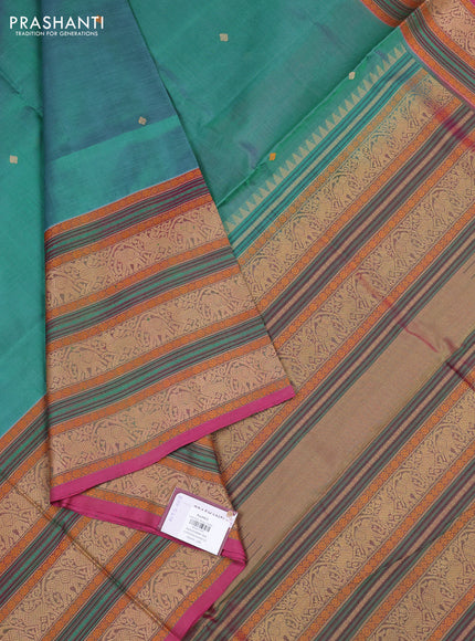 Kanchipuram silk cotton saree teal green and pink shade with thread woven buttas and long thread woven border