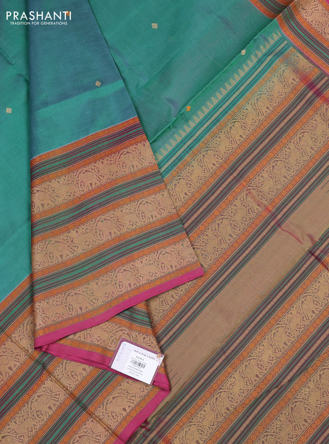 Kanchipuram silk cotton saree teal green and pink shade with thread woven buttas and long thread woven border