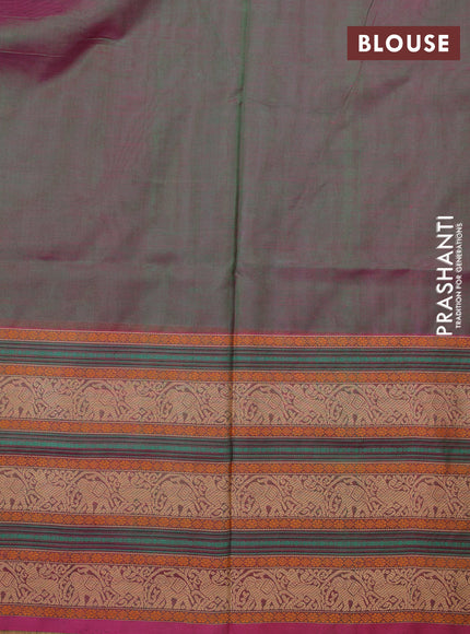 Kanchipuram silk cotton saree teal green and pink shade with thread woven buttas and long thread woven border