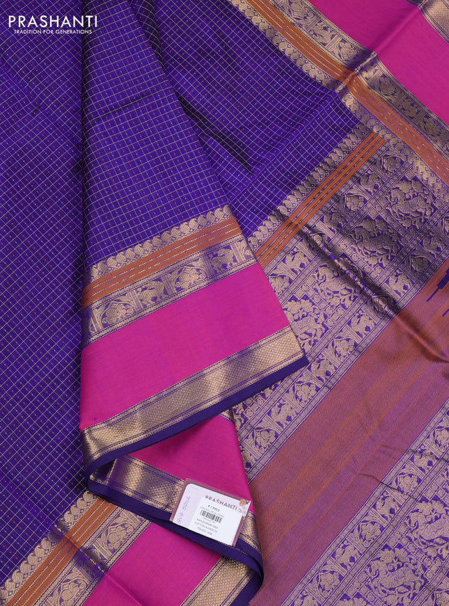 Kanchipuram silk cotton saree deep violet and pink with laksha deepam thread weaves and long rettapet zari woven border