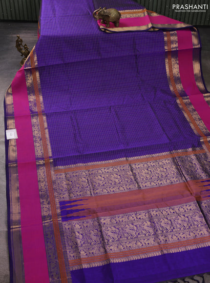 Kanchipuram silk cotton saree deep violet and pink with laksha deepam thread weaves and long rettapet zari woven border