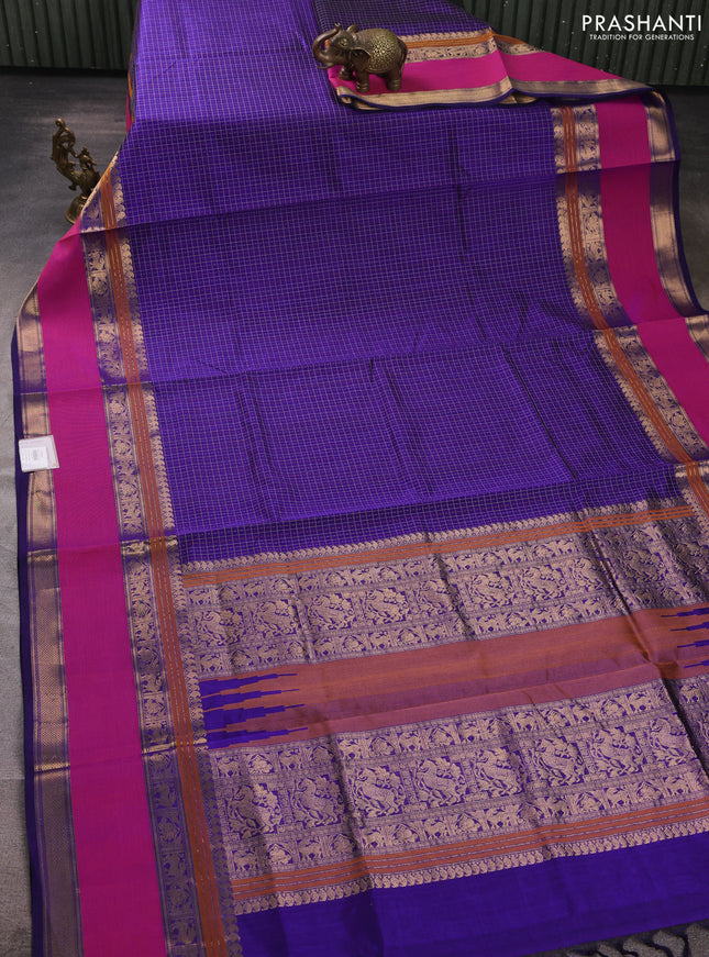 Kanchipuram silk cotton saree deep violet and pink with laksha deepam thread weaves and long rettapet zari woven border