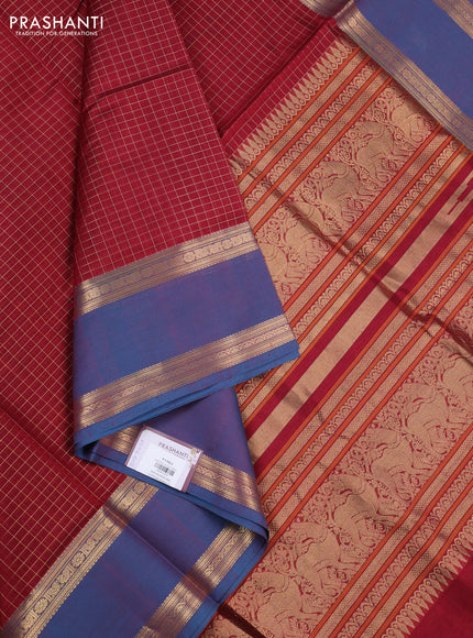 Kanchipuram silk cotton saree maroon and peacock blue with allover zari checked pattern and rettapet zari woven border