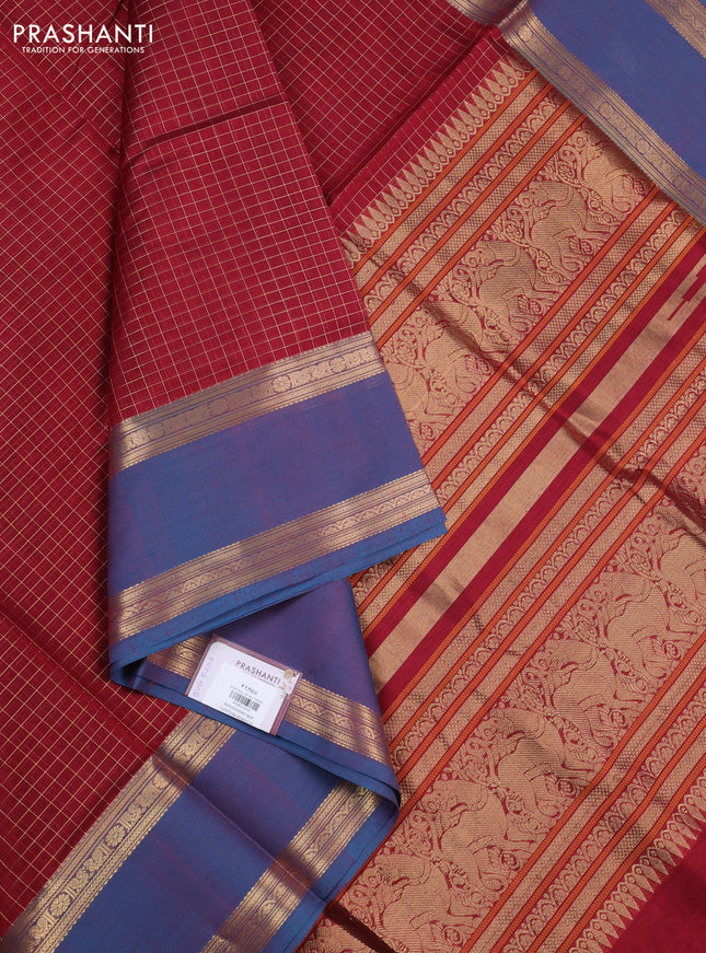 Kanchipuram silk cotton saree maroon and peacock blue with allover zari checked pattern and rettapet zari woven border