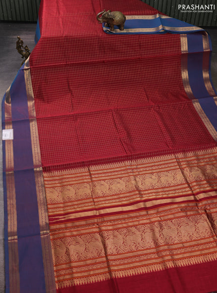 Kanchipuram silk cotton saree maroon and peacock blue with allover zari checked pattern and rettapet zari woven border