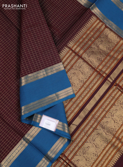 Kanchipuram silk cotton saree deep maroon and peacock blue with allover small zari checked pattern and rettapet zari woven border