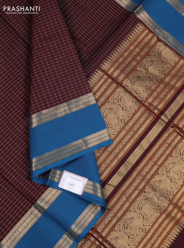 Kanchipuram silk cotton saree deep maroon and peacock blue with allover small zari checked pattern and rettapet zari woven border