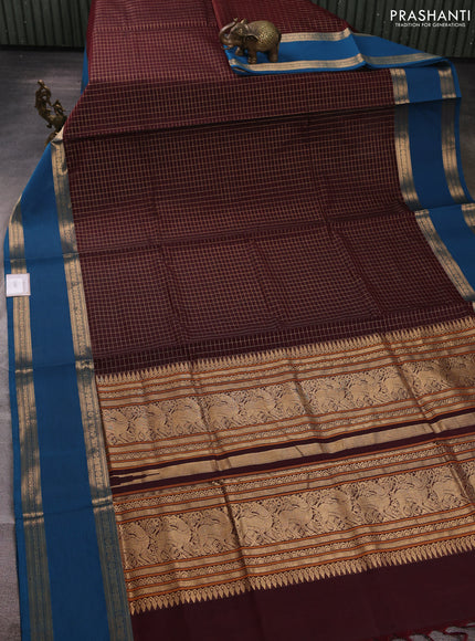 Kanchipuram silk cotton saree deep maroon and peacock blue with allover small zari checked pattern and rettapet zari woven border