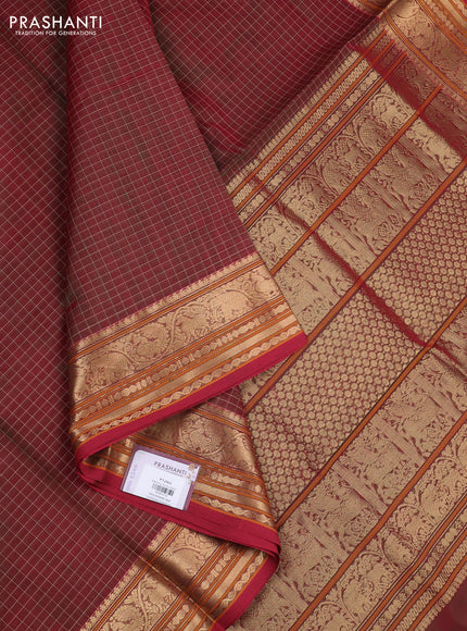 Kanchipuram silk cotton saree maroon with allover checked pattern and zari woven border