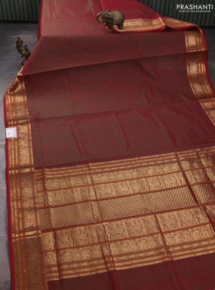 Kanchipuram silk cotton saree maroon with allover checked pattern and zari woven border