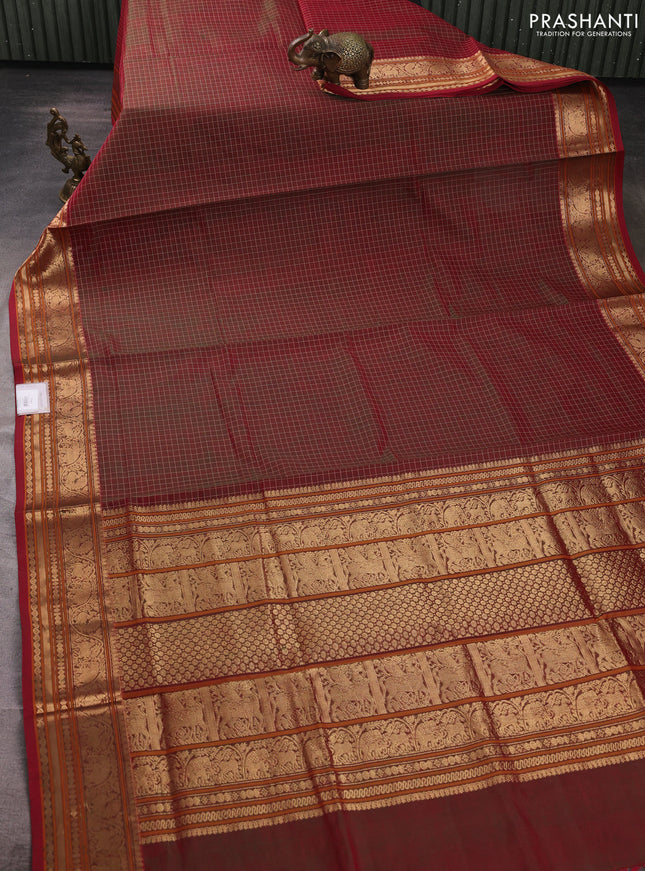 Kanchipuram silk cotton saree maroon with allover checked pattern and zari woven border
