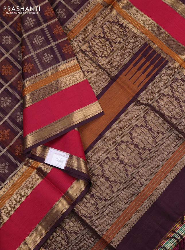 Kanchipuram silk cotton saree coffee brown and red with allover thread checks & buttas and long rettapet zari woven border