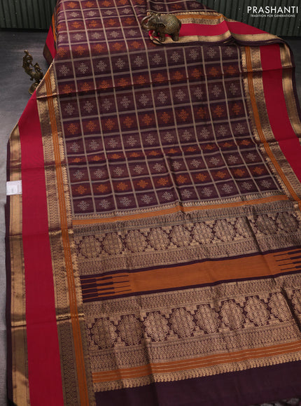 Kanchipuram silk cotton saree coffee brown and red with allover thread checks & buttas and long rettapet zari woven border