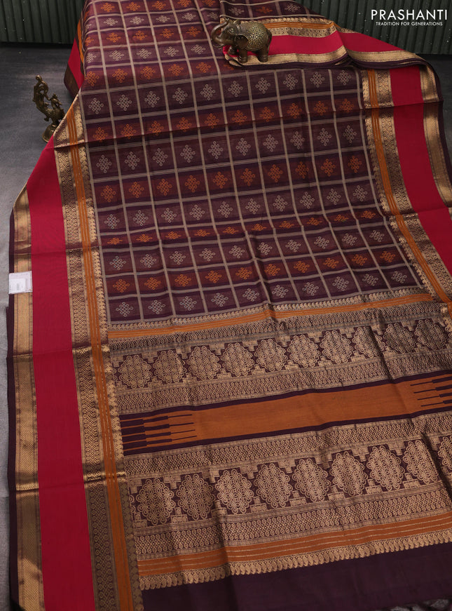 Kanchipuram silk cotton saree coffee brown and red with allover thread checks & buttas and long rettapet zari woven border