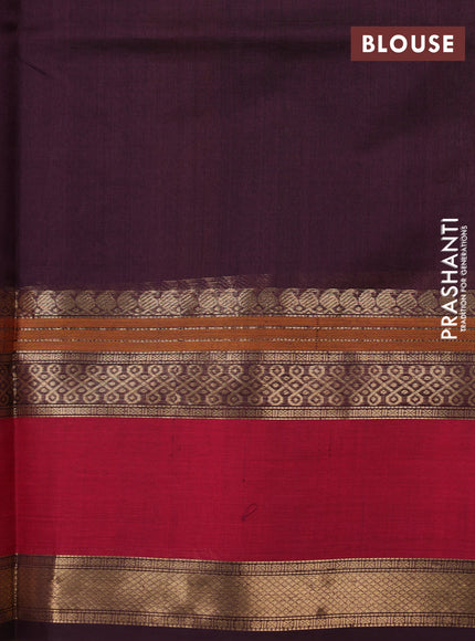 Kanchipuram silk cotton saree coffee brown and red with allover thread checks & buttas and long rettapet zari woven border