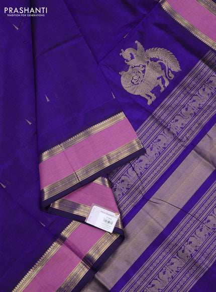 Kanchipuram silk cotton saree deep violet and mauve pink with zari woven buttas and rettapet zari woven border
