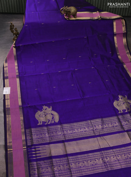 Kanchipuram silk cotton saree deep violet and mauve pink with zari woven buttas and rettapet zari woven border