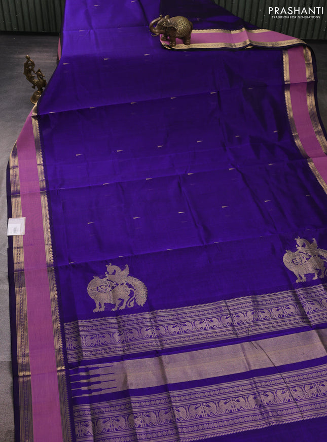Kanchipuram silk cotton saree deep violet and mauve pink with zari woven buttas and rettapet zari woven border