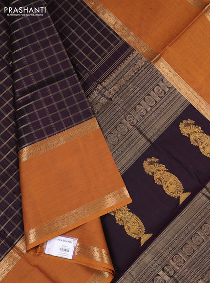 Kanchipuram silk cotton saree wine shade and mustard yellow with allover zari checked pattern and long rettapet zari woven border