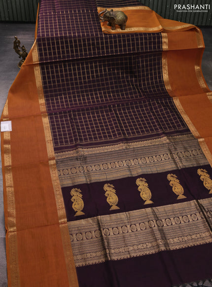 Kanchipuram silk cotton saree wine shade and mustard yellow with allover zari checked pattern and long rettapet zari woven border
