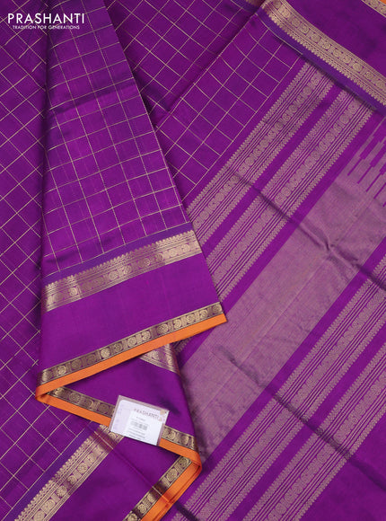 Kanchipuram silk cotton saree purple and mustard yellow with allover zari checked pattern and rettapet zari woven border