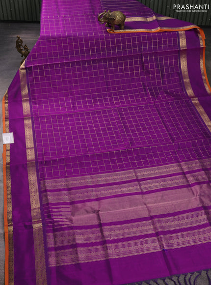 Kanchipuram silk cotton saree purple and mustard yellow with allover zari checked pattern and rettapet zari woven border