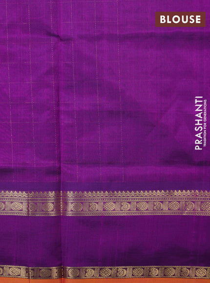 Kanchipuram silk cotton saree purple and mustard yellow with allover zari checked pattern and rettapet zari woven border