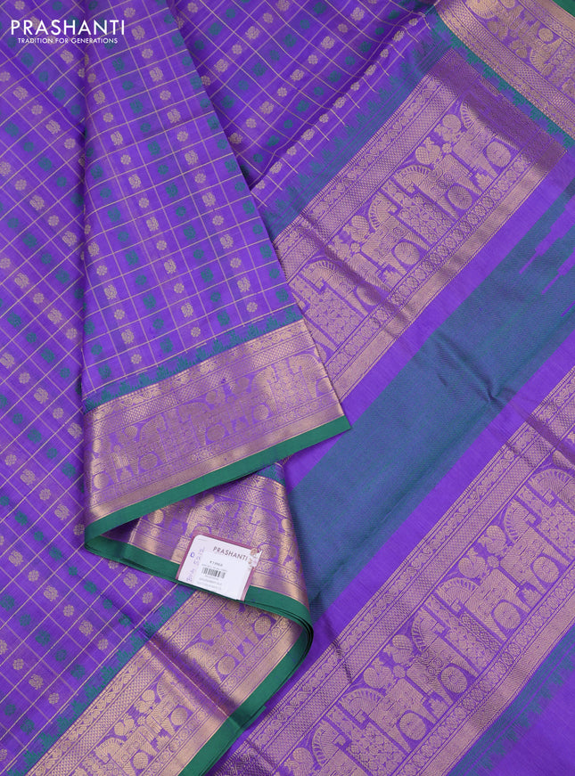 Kanchipuram silk cotton saree lavender and green with allover thread checks & buttas and temple design zari woven border