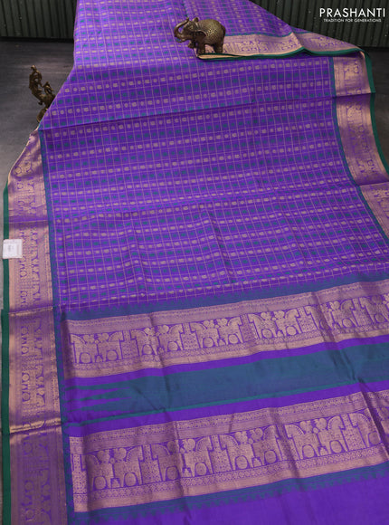 Kanchipuram silk cotton saree lavender and green with allover thread checks & buttas and temple design zari woven border