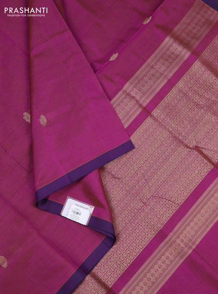 Kanchipuram silk cotton saree magenta pink and purple with zari woven buttas and piping border