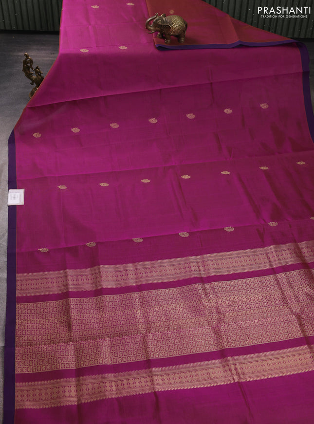 Kanchipuram silk cotton saree magenta pink and purple with zari woven buttas and piping border