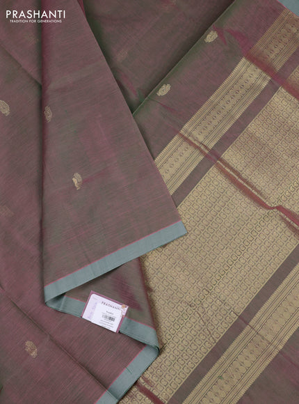 Kanchipuram silk cotton saree dual shade of greenish pink and pastel green with zari woven buttas and piping border