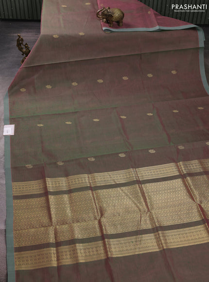 Kanchipuram silk cotton saree dual shade of greenish pink and pastel green with zari woven buttas and piping border