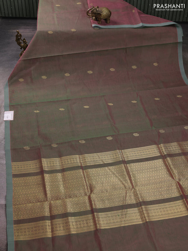 Kanchipuram silk cotton saree dual shade of greenish pink and pastel green with zari woven buttas and piping border